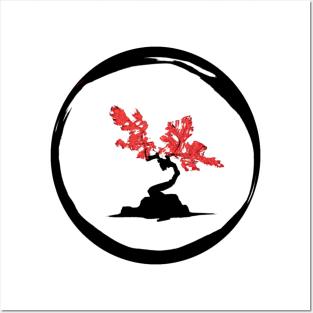 Cherry blossom sumi bonsai tree - Enso circle Zen inspired Posters and Art